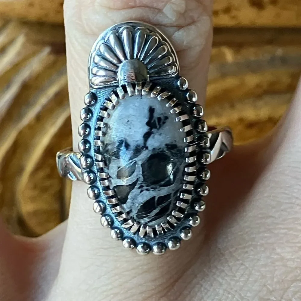 White Buffalo Sterling Silver Ring Size 8